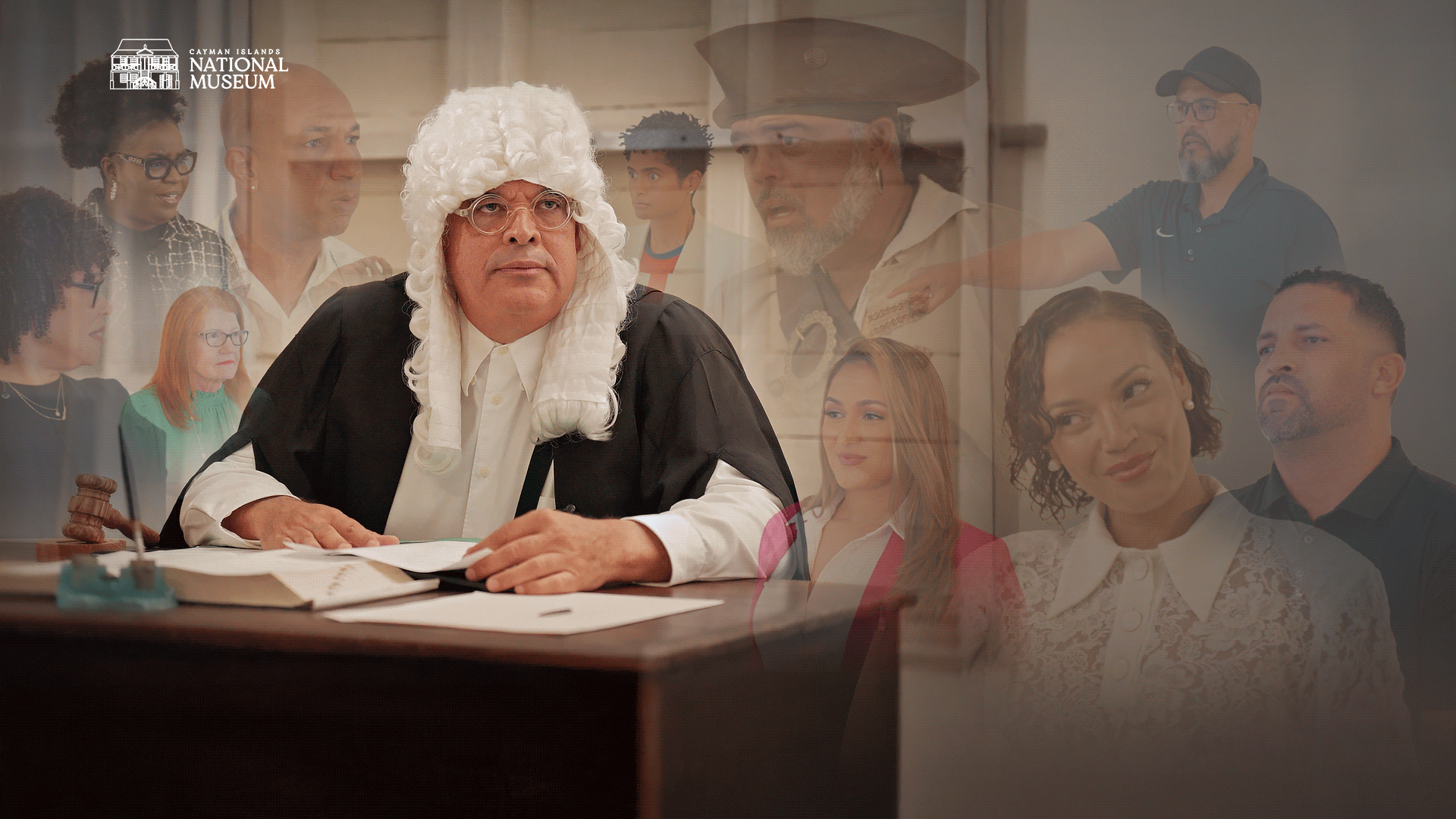 Jail and Bail campaign cast with the judge in the Museum courtroom