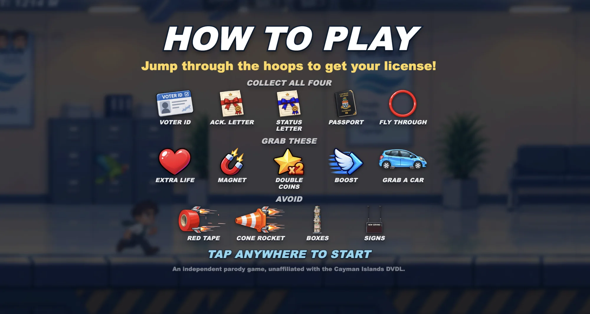 License Run how-to-play guide showing documents, power-ups and obstacles