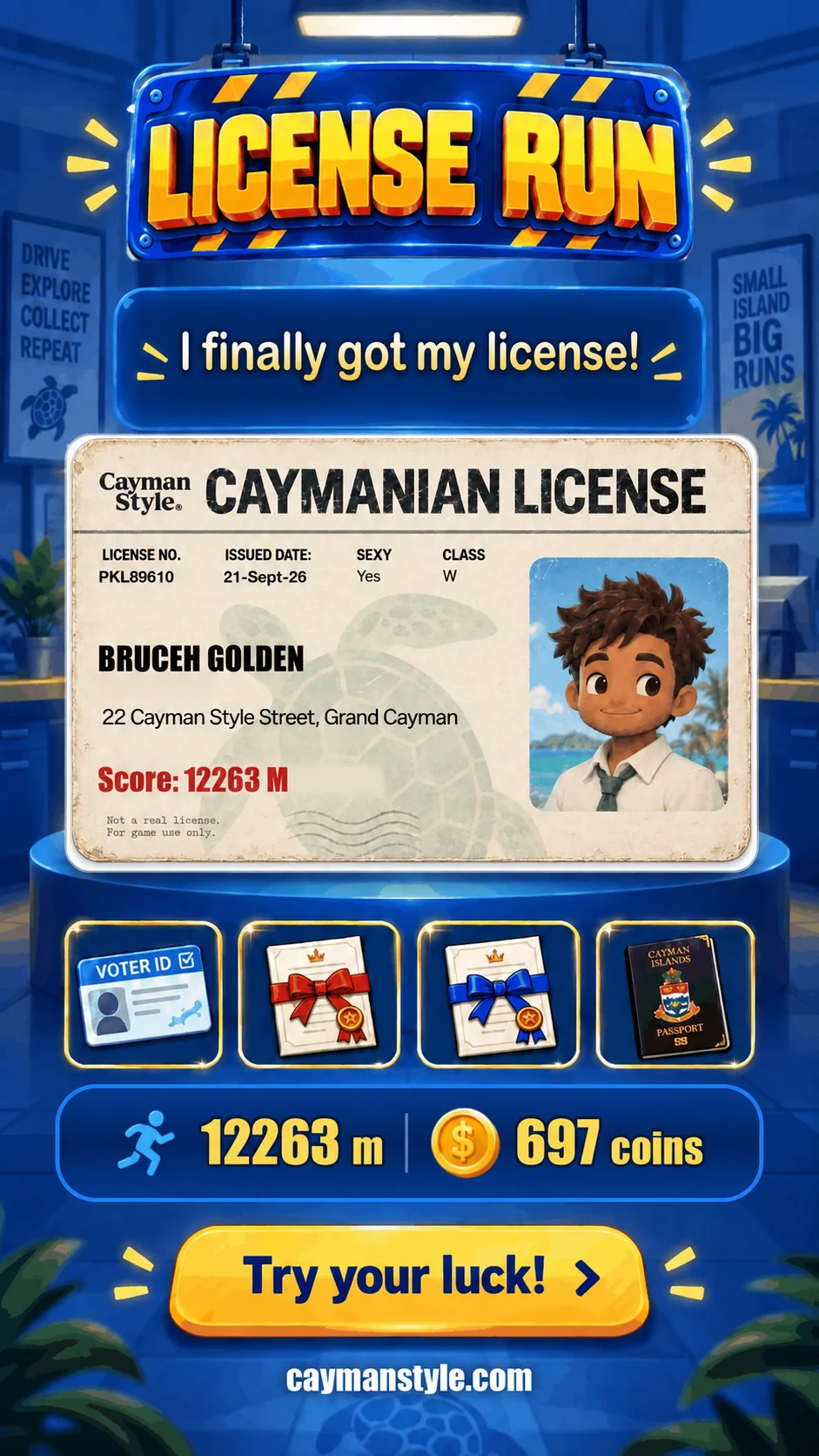 License Run fictional Caymanian license result card